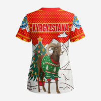 Kyrgyzstan Christmas Scrub Top with Mountain Goat in Festive Red Snowflake Pattern and Holiday Tree - Wonder Print Shop