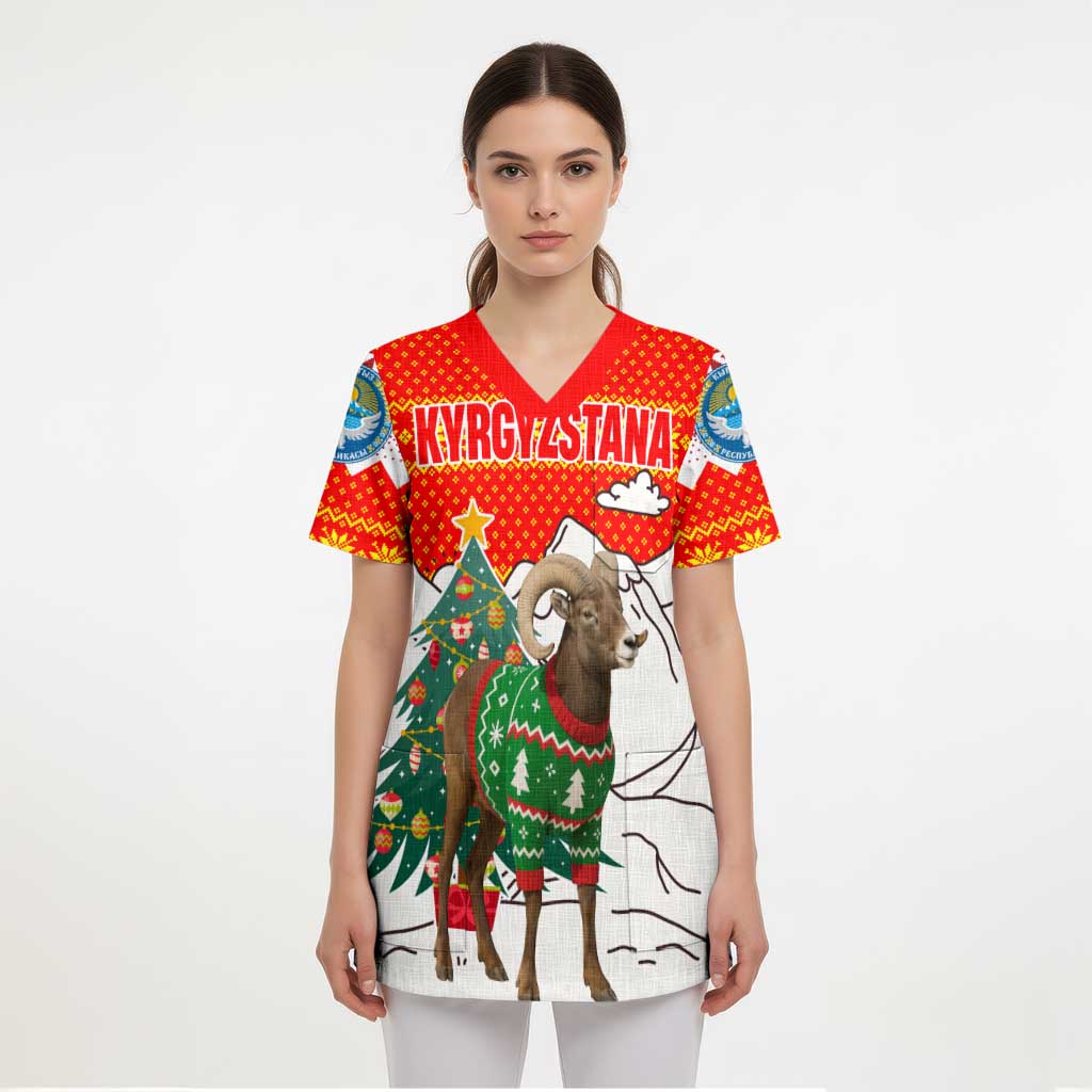 Kyrgyzstan Christmas Scrub Top with Mountain Goat in Festive Red Snowflake Pattern and Holiday Tree - Wonder Print Shop