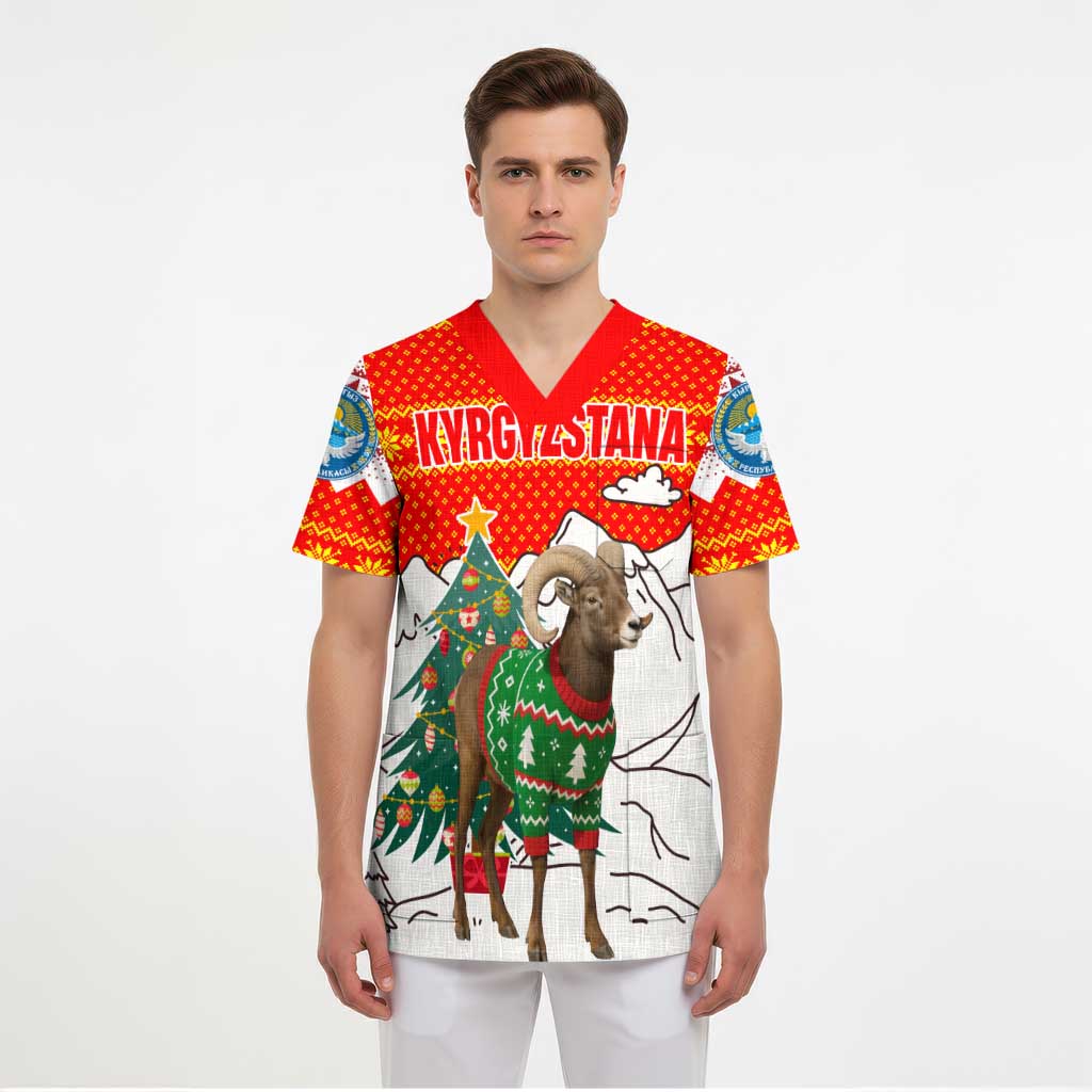 Kyrgyzstan Christmas Scrub Top with Mountain Goat in Festive Red Snowflake Pattern and Holiday Tree - Wonder Print Shop