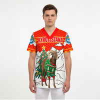 Kyrgyzstan Christmas Scrub Top with Mountain Goat in Festive Red Snowflake Pattern and Holiday Tree - Wonder Print Shop