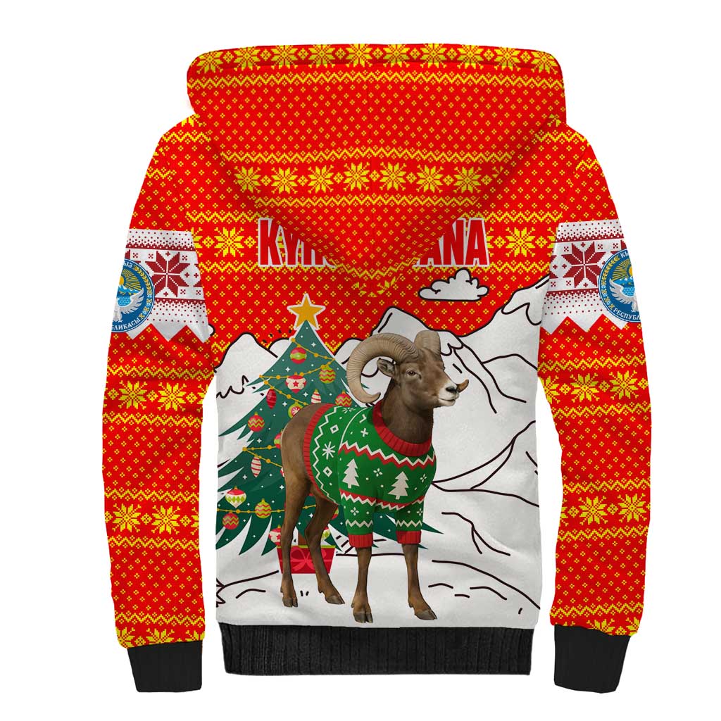 Kyrgyzstan Christmas Sherpa Hoodie with Mountain Goat in Festive Red Snowflake Pattern and Holiday Tree - Wonder Print Shop