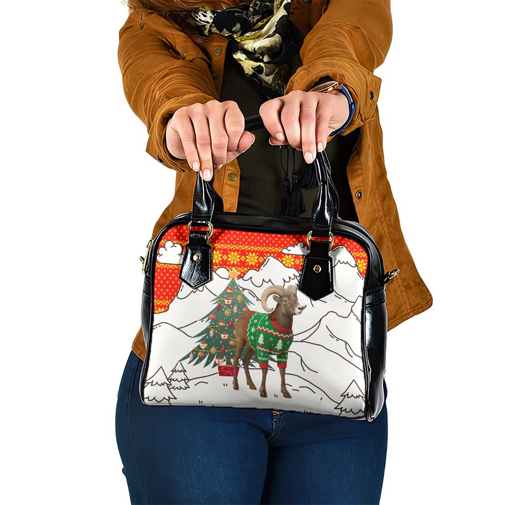Kyrgyzstan Christmas Shoulder Handbag with Mountain Goat in Festive Red Snowflake Pattern and Holiday Tree - Wonder Print Shop