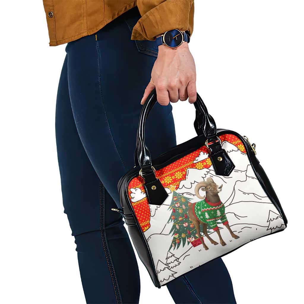 Kyrgyzstan Christmas Shoulder Handbag with Mountain Goat in Festive Red Snowflake Pattern and Holiday Tree - Wonder Print Shop