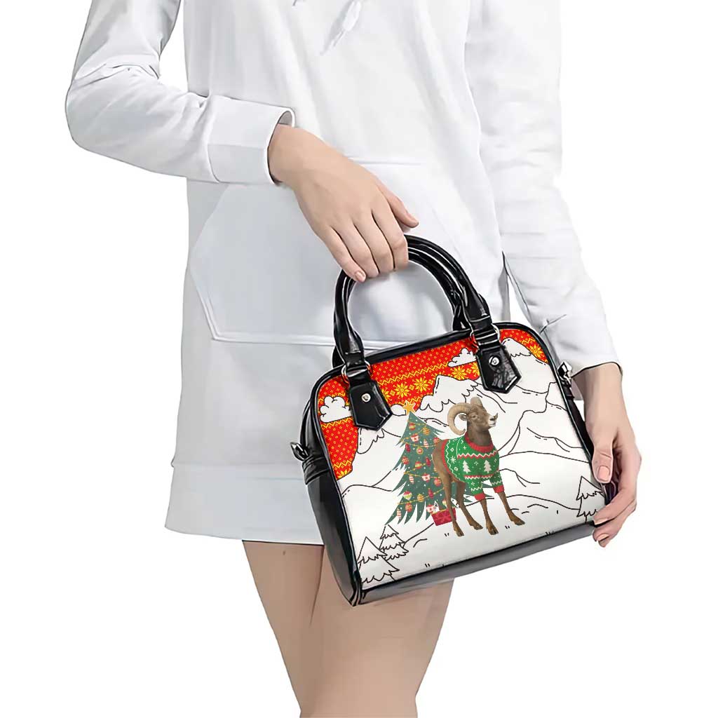 Kyrgyzstan Christmas Shoulder Handbag with Mountain Goat in Festive Red Snowflake Pattern and Holiday Tree - Wonder Print Shop