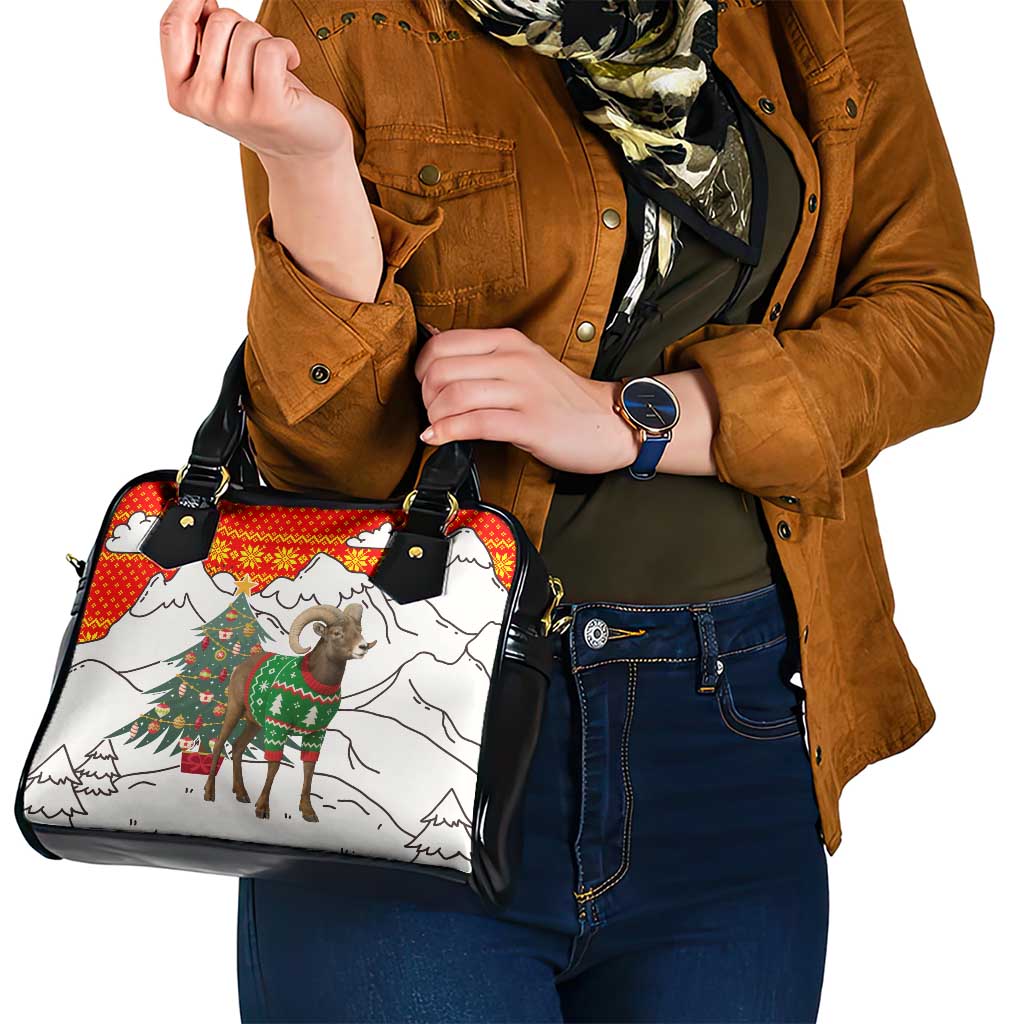 Kyrgyzstan Christmas Shoulder Handbag with Mountain Goat in Festive Red Snowflake Pattern and Holiday Tree - Wonder Print Shop