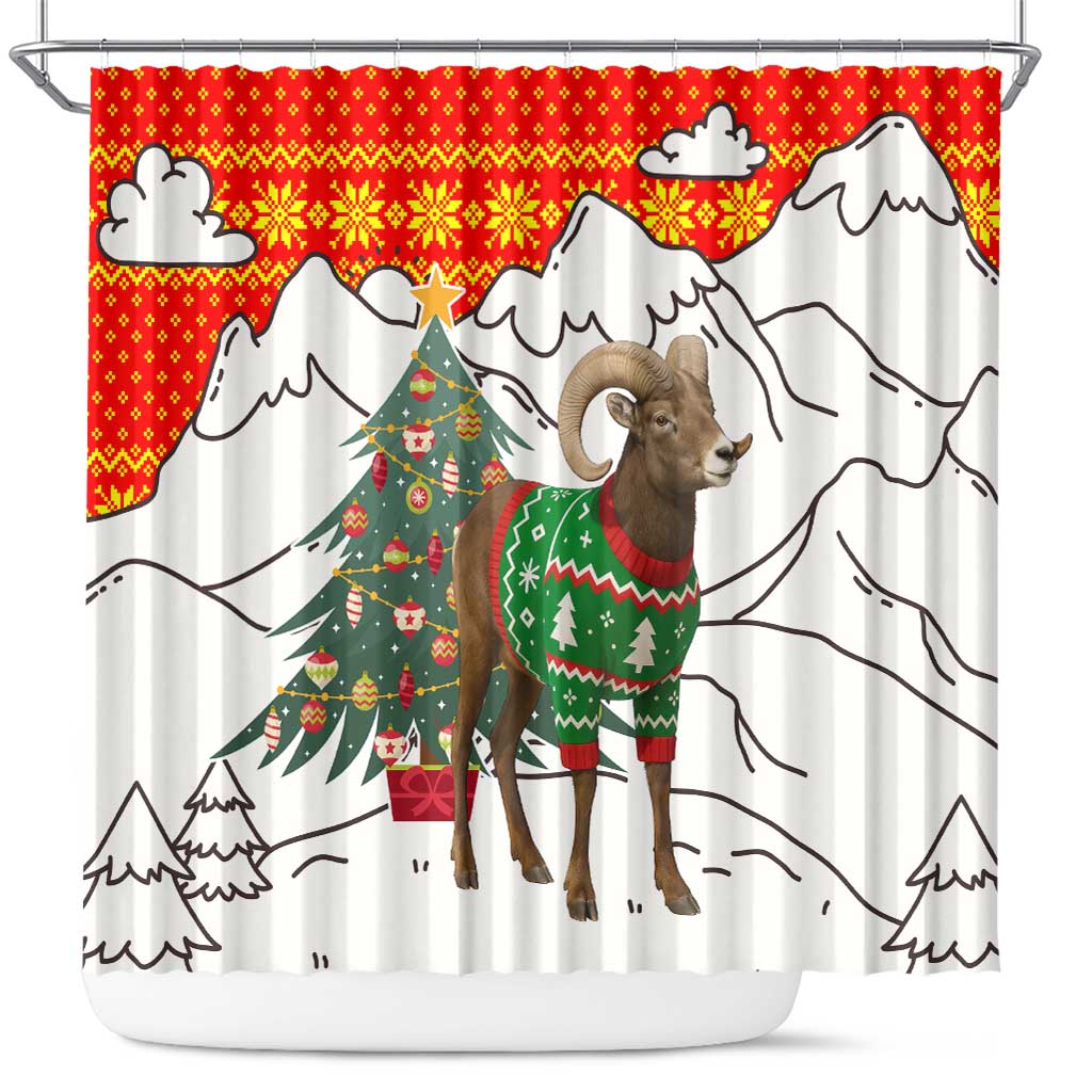 Kyrgyzstan Christmas Shower Curtain with Mountain Goat in Festive Red Snowflake Pattern and Holiday Tree - Wonder Print Shop