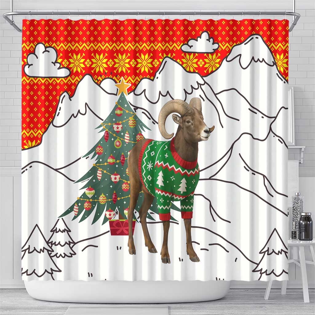 Kyrgyzstan Christmas Shower Curtain with Mountain Goat in Festive Red Snowflake Pattern and Holiday Tree - Wonder Print Shop