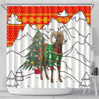 Kyrgyzstan Christmas Shower Curtain with Mountain Goat in Festive Red Snowflake Pattern and Holiday Tree - Wonder Print Shop