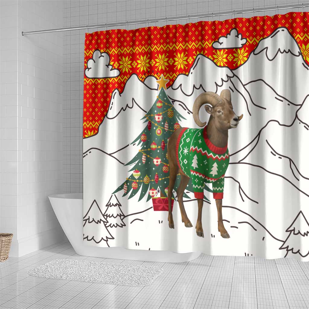 Kyrgyzstan Christmas Shower Curtain with Mountain Goat in Festive Red Snowflake Pattern and Holiday Tree - Wonder Print Shop