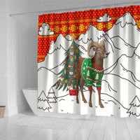 Kyrgyzstan Christmas Shower Curtain with Mountain Goat in Festive Red Snowflake Pattern and Holiday Tree - Wonder Print Shop