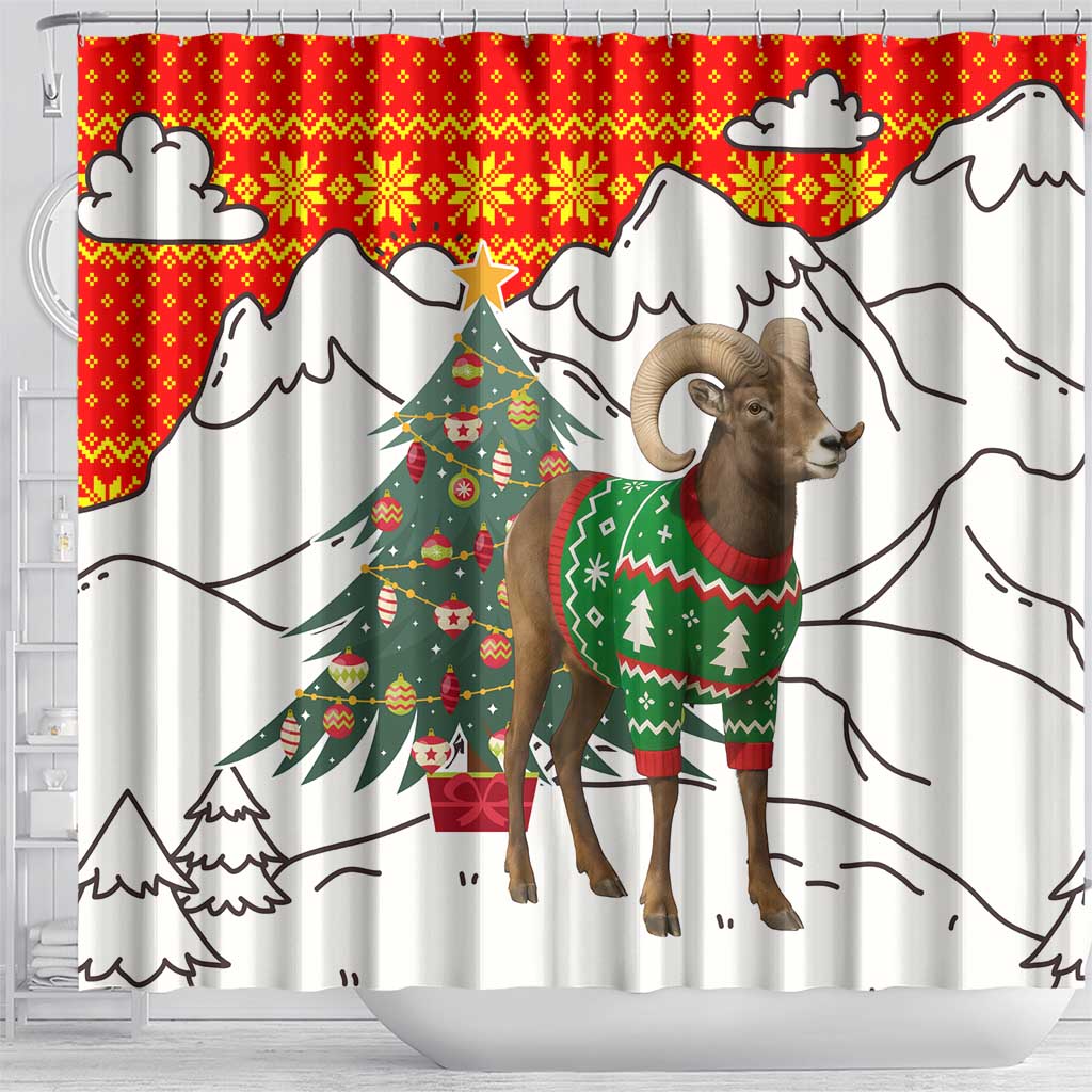 Kyrgyzstan Christmas Shower Curtain with Mountain Goat in Festive Red Snowflake Pattern and Holiday Tree - Wonder Print Shop