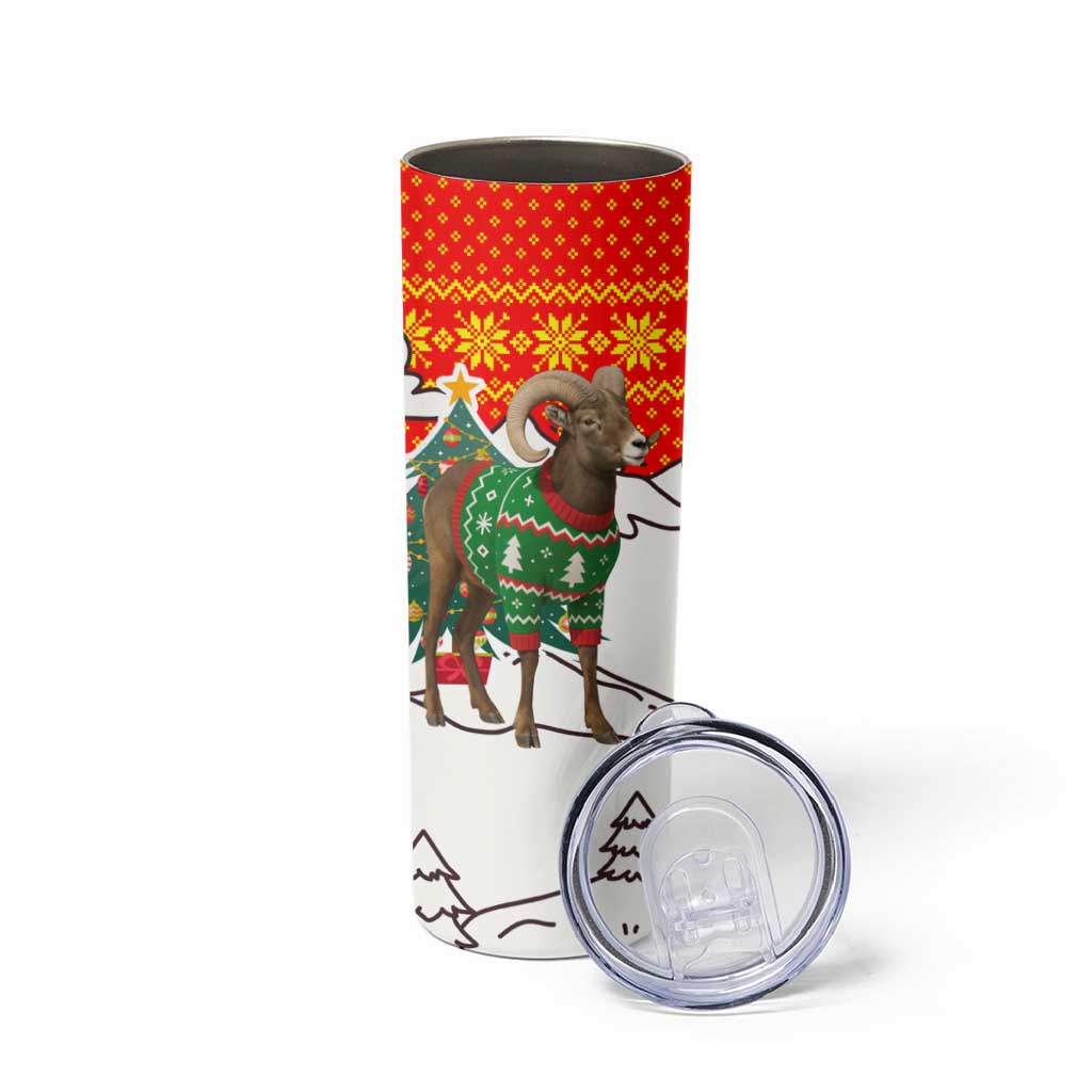 Kyrgyzstan Christmas Skinny Tumbler with Mountain Goat in Festive Red Snowflake Pattern and Holiday Tree - Wonder Print Shop
