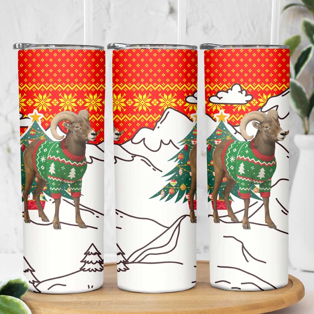 Kyrgyzstan Christmas Skinny Tumbler with Mountain Goat in Festive Red Snowflake Pattern and Holiday Tree - Wonder Print Shop