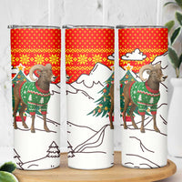 Kyrgyzstan Christmas Skinny Tumbler with Mountain Goat in Festive Red Snowflake Pattern and Holiday Tree - Wonder Print Shop