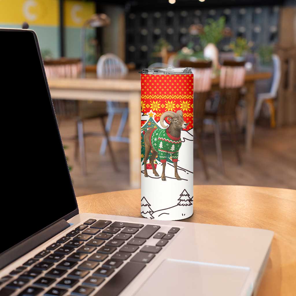 Kyrgyzstan Christmas Skinny Tumbler with Mountain Goat in Festive Red Snowflake Pattern and Holiday Tree - Wonder Print Shop