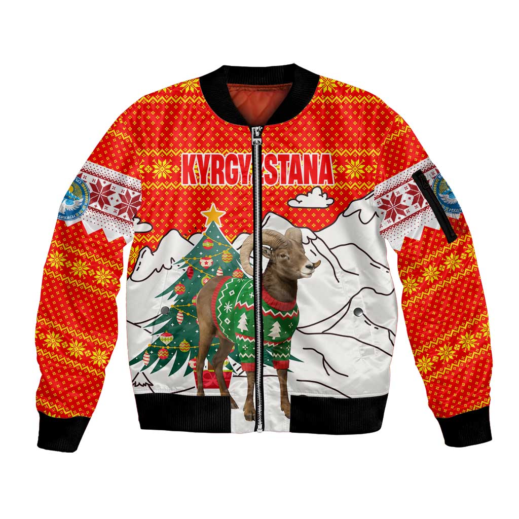 Kyrgyzstan Christmas Sleeve Zip Bomber Jacket with Mountain Goat in Festive Red Snowflake Pattern and Holiday Tree - Wonder Print Shop