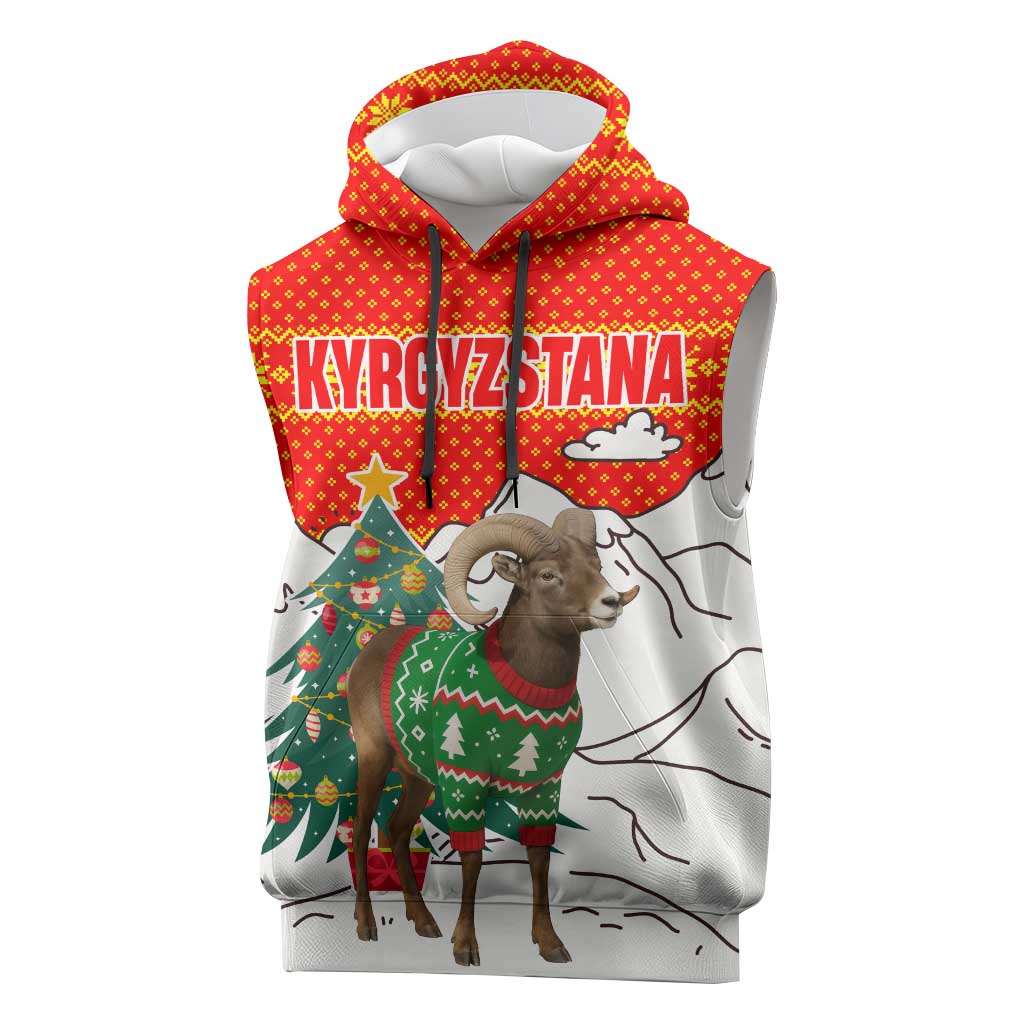 Kyrgyzstan Christmas Sleeveless Hoodie with Mountain Goat in Festive Red Snowflake Pattern and Holiday Tree - Wonder Print Shop