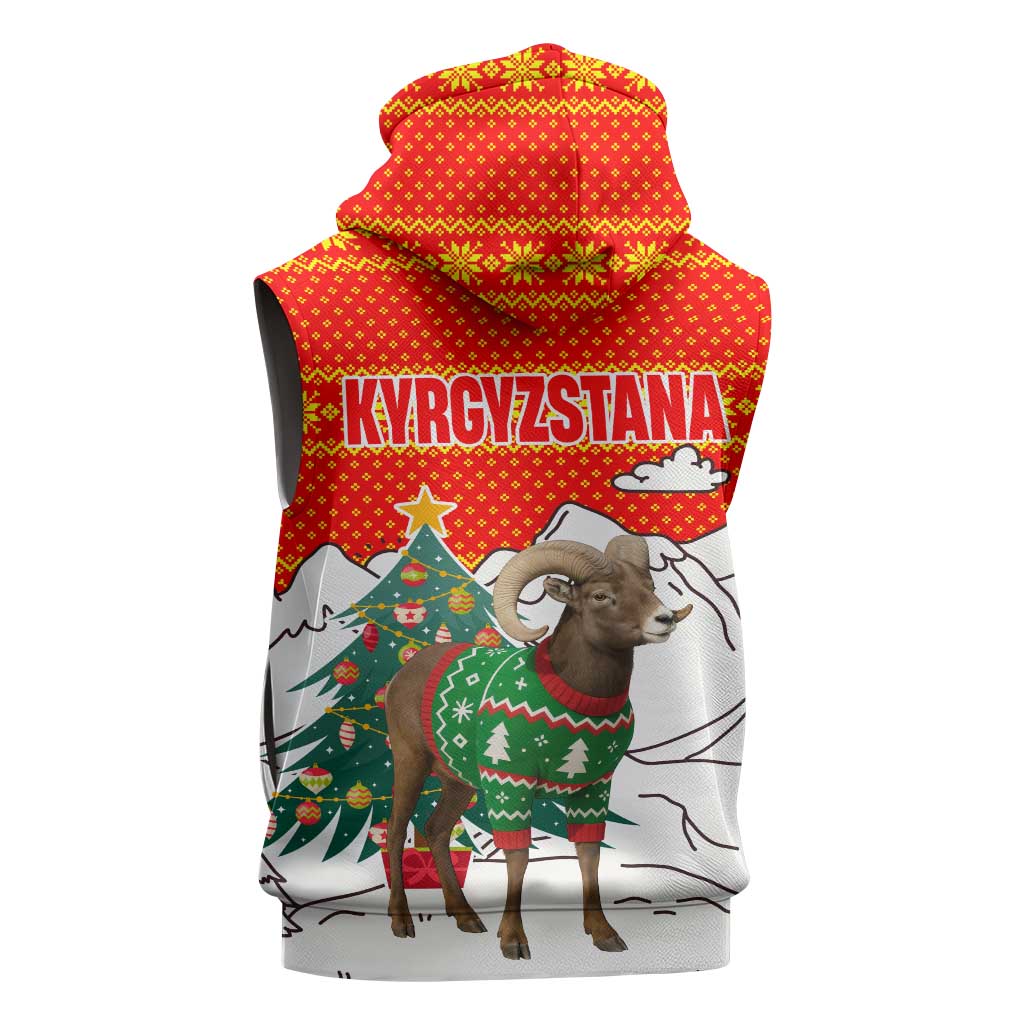Kyrgyzstan Christmas Sleeveless Hoodie with Mountain Goat in Festive Red Snowflake Pattern and Holiday Tree - Wonder Print Shop