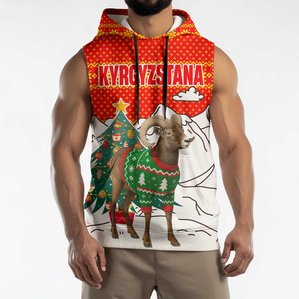 Kyrgyzstan Christmas Sleeveless Hoodie with Mountain Goat in Festive Red Snowflake Pattern and Holiday Tree - Wonder Print Shop