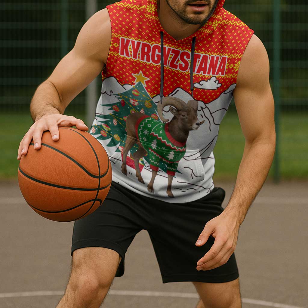 Kyrgyzstan Christmas Sleeveless Hoodie with Mountain Goat in Festive Red Snowflake Pattern and Holiday Tree - Wonder Print Shop