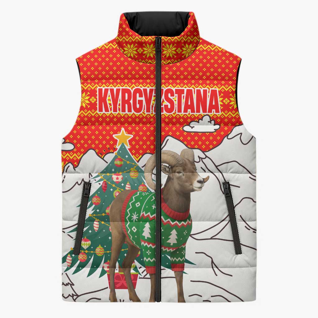 Kyrgyzstan Christmas Sleeveless Puffer Jacket with Mountain Goat in Festive Red Snowflake Pattern and Holiday Tree - Wonder Print Shop
