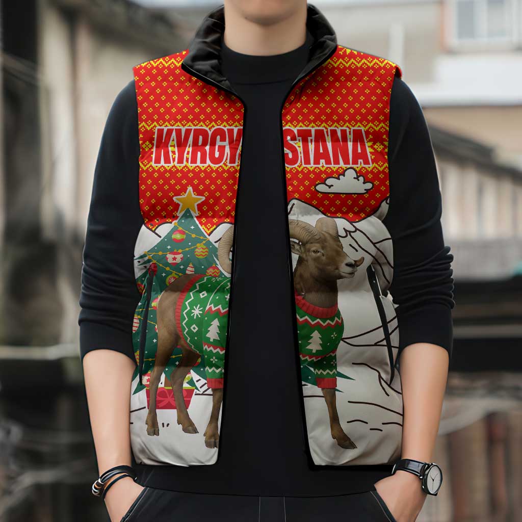 Kyrgyzstan Christmas Sleeveless Puffer Jacket with Mountain Goat in Festive Red Snowflake Pattern and Holiday Tree - Wonder Print Shop