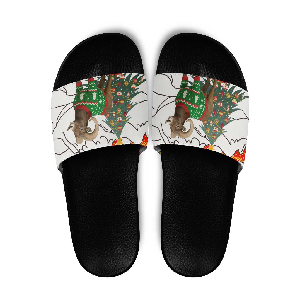 Kyrgyzstan Christmas Slide Sandals with Mountain Goat in Festive Red Snowflake Pattern and Holiday Tree - Wonder Print Shop