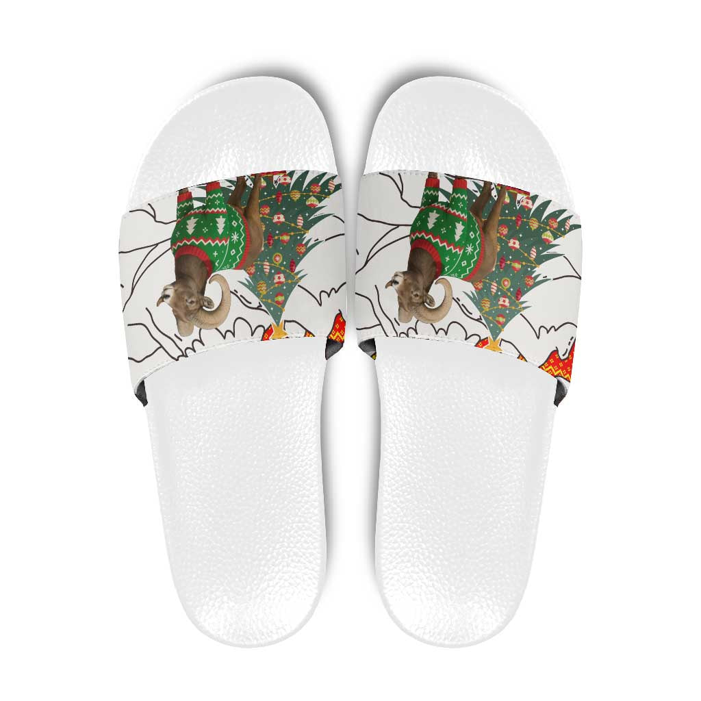 Kyrgyzstan Christmas Slide Sandals with Mountain Goat in Festive Red Snowflake Pattern and Holiday Tree - Wonder Print Shop