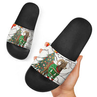 Kyrgyzstan Christmas Slide Sandals with Mountain Goat in Festive Red Snowflake Pattern and Holiday Tree - Wonder Print Shop