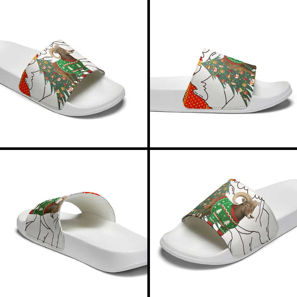 Kyrgyzstan Christmas Slide Sandals with Mountain Goat in Festive Red Snowflake Pattern and Holiday Tree - Wonder Print Shop