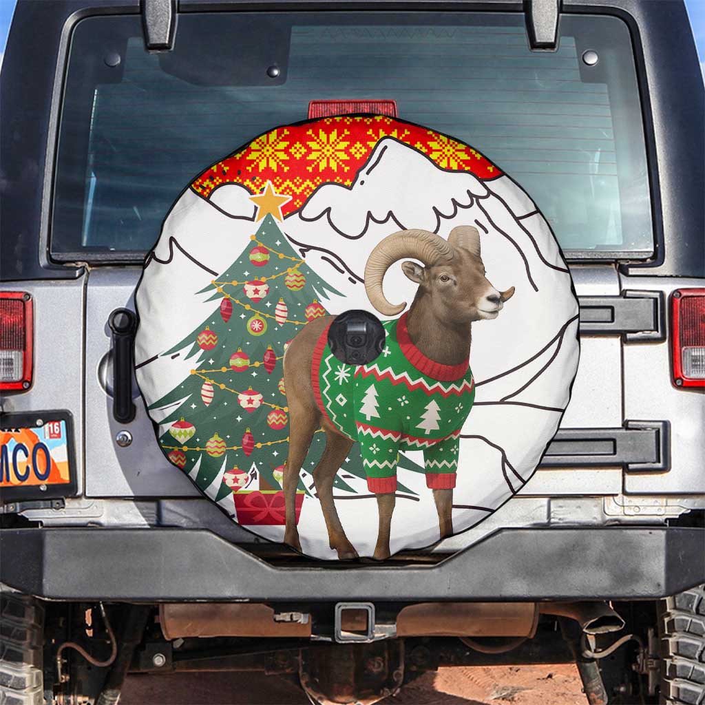 Kyrgyzstan Christmas Spare Tire Cover with Mountain Goat in Festive Red Snowflake Pattern and Holiday Tree - Wonder Print Shop