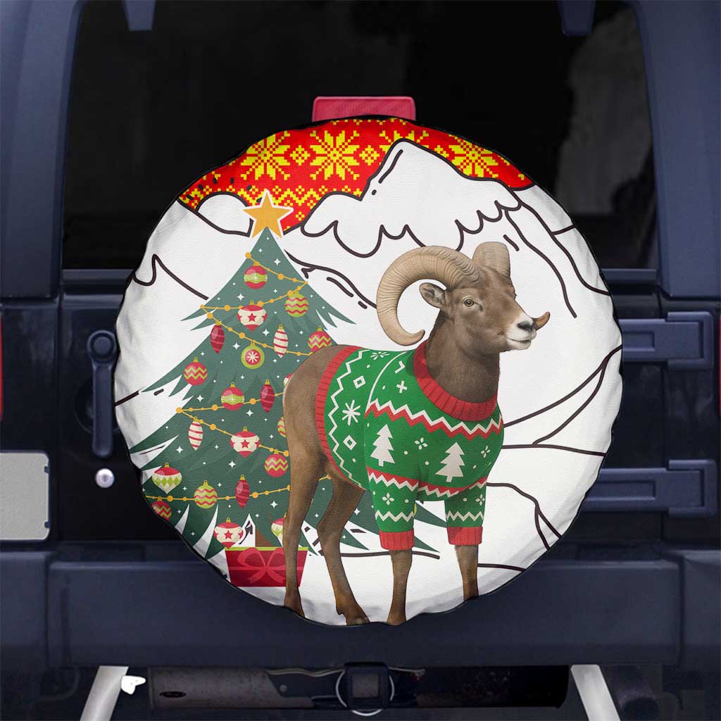 Kyrgyzstan Christmas Spare Tire Cover with Mountain Goat in Festive Red Snowflake Pattern and Holiday Tree - Wonder Print Shop
