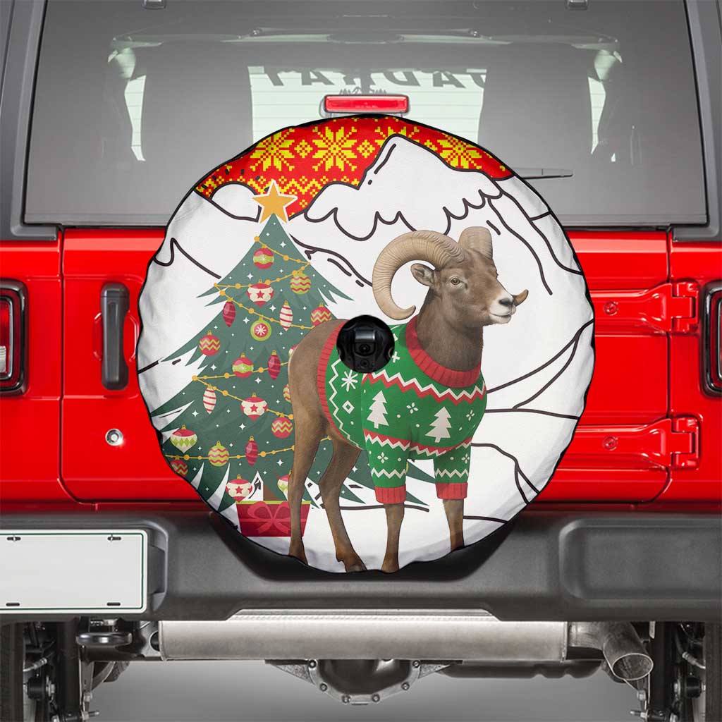 Kyrgyzstan Christmas Spare Tire Cover with Mountain Goat in Festive Red Snowflake Pattern and Holiday Tree - Wonder Print Shop