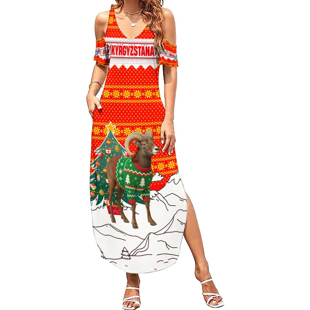 Kyrgyzstan Christmas Summer Maxi Dress with Mountain Goat in Festive Red Snowflake Pattern and Holiday Tree - Wonder Print Shop