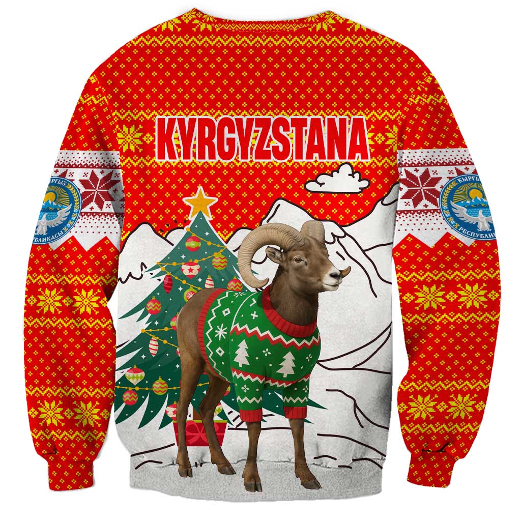 Kyrgyzstan Christmas Sweatshirt with Mountain Goat in Festive Red Snowflake Pattern and Holiday Tree - Wonder Print Shop