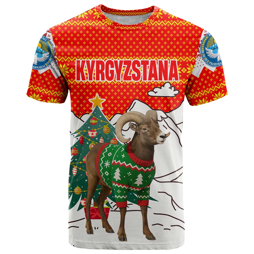Kyrgyzstan Christmas T Shirt with Mountain Goat in Festive Red Snowflake Pattern and Holiday Tree - Wonder Print Shop
