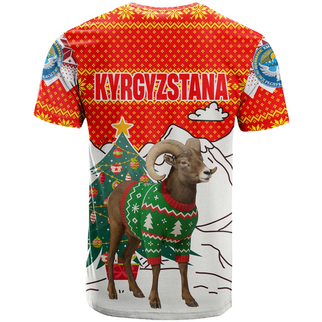 Kyrgyzstan Christmas T Shirt with Mountain Goat in Festive Red Snowflake Pattern and Holiday Tree - Wonder Print Shop