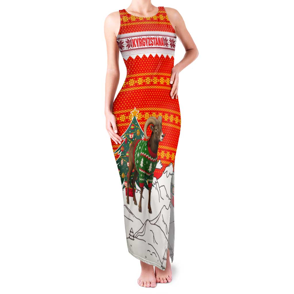 Kyrgyzstan Christmas Tank Maxi Dress with Mountain Goat in Festive Red Snowflake Pattern and Holiday Tree - Wonder Print Shop