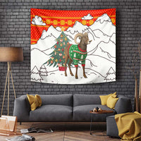 Kyrgyzstan Christmas Tapestry with Mountain Goat in Festive Red Snowflake Pattern and Holiday Tree - Wonder Print Shop