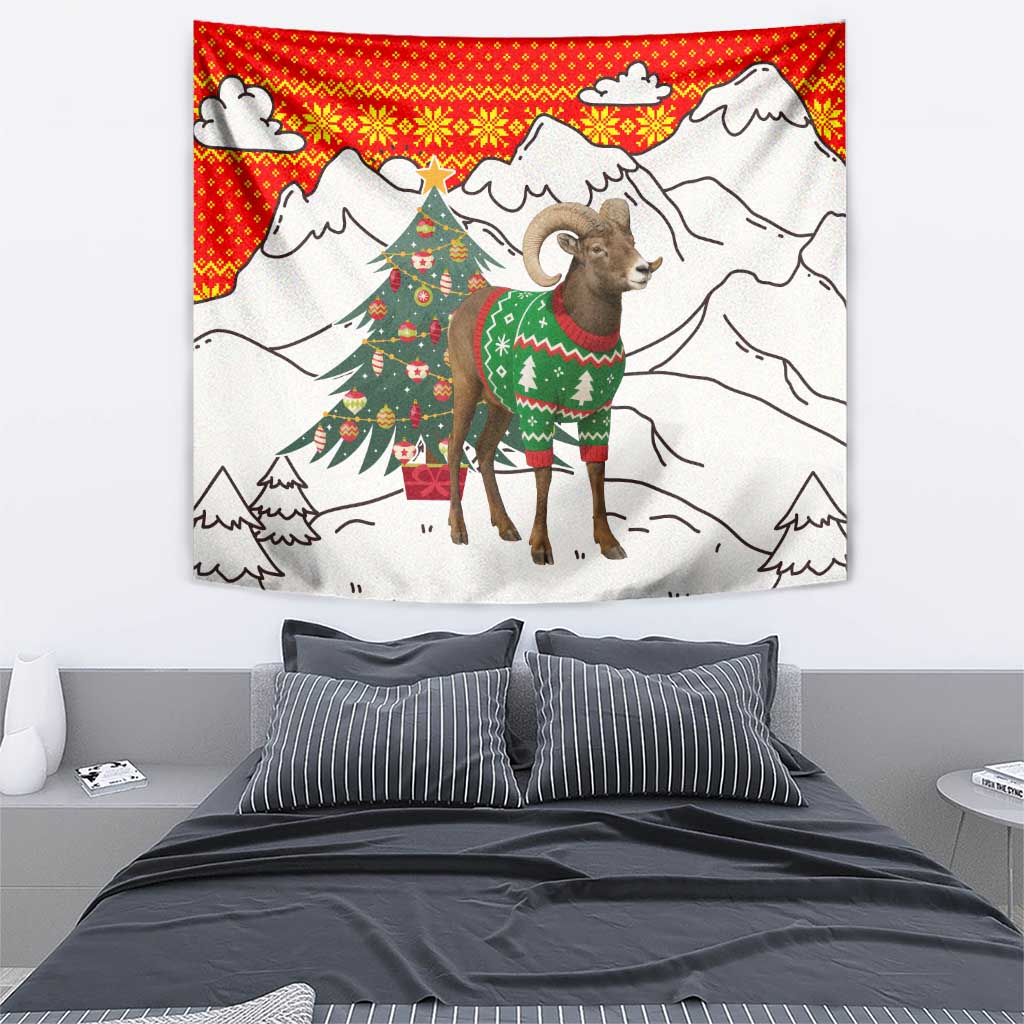 Kyrgyzstan Christmas Tapestry with Mountain Goat in Festive Red Snowflake Pattern and Holiday Tree - Wonder Print Shop