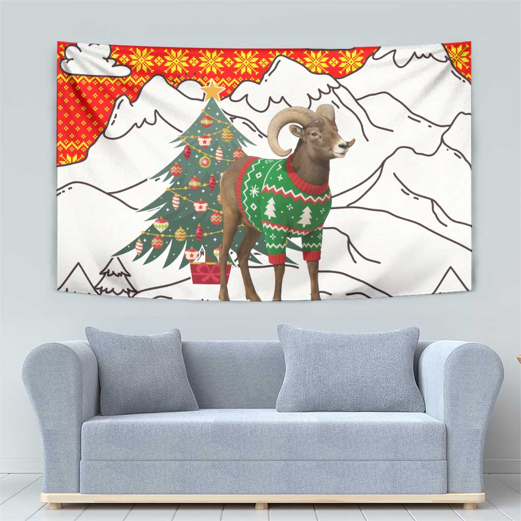Kyrgyzstan Christmas Tapestry with Mountain Goat in Festive Red Snowflake Pattern and Holiday Tree - Wonder Print Shop