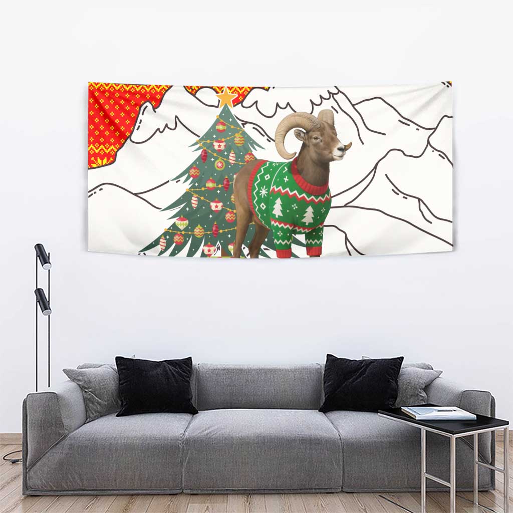 Kyrgyzstan Christmas Tapestry with Mountain Goat in Festive Red Snowflake Pattern and Holiday Tree - Wonder Print Shop