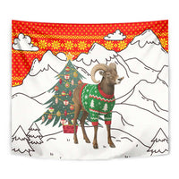 Kyrgyzstan Christmas Tapestry with Mountain Goat in Festive Red Snowflake Pattern and Holiday Tree - Wonder Print Shop