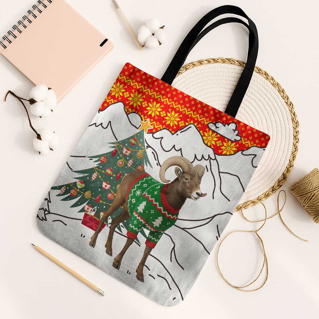 Kyrgyzstan Christmas Tote Bag with Mountain Goat in Festive Red Snowflake Pattern and Holiday Tree - Wonder Print Shop