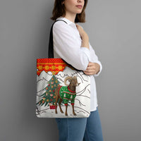 Kyrgyzstan Christmas Tote Bag with Mountain Goat in Festive Red Snowflake Pattern and Holiday Tree - Wonder Print Shop