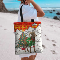 Kyrgyzstan Christmas Tote Bag with Mountain Goat in Festive Red Snowflake Pattern and Holiday Tree - Wonder Print Shop