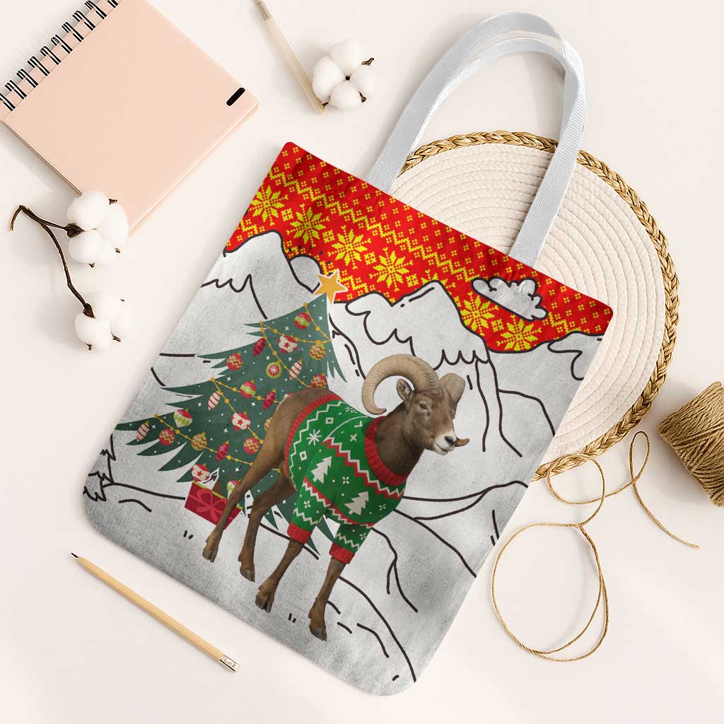 Kyrgyzstan Christmas Tote Bag with Mountain Goat in Festive Red Snowflake Pattern and Holiday Tree - Wonder Print Shop