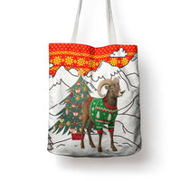 Kyrgyzstan Christmas Tote Bag with Mountain Goat in Festive Red Snowflake Pattern and Holiday Tree - Wonder Print Shop
