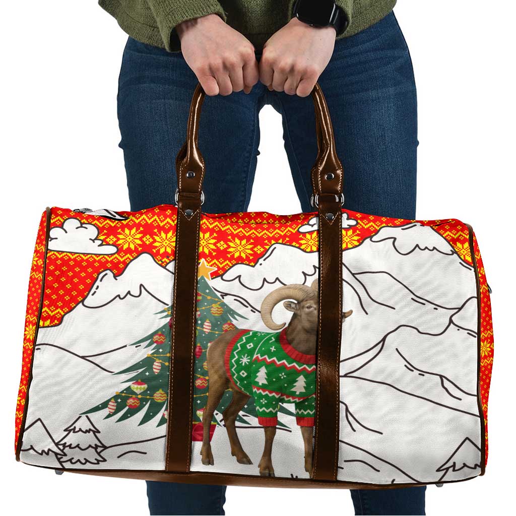 Kyrgyzstan Christmas Travel Bag with Mountain Goat in Festive Red Snowflake Pattern and Holiday Tree - Wonder Print Shop