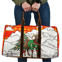 Kyrgyzstan Christmas Travel Bag with Mountain Goat in Festive Red Snowflake Pattern and Holiday Tree - Wonder Print Shop